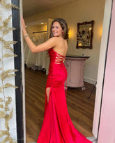 Satin Mermaid Ruched Pleated Red Senior Prom Dress With Slit Strapless